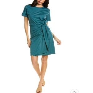 VINCE TIE WAIST T SHIRT DRESS Womens Large Blue Green Waltz Faux Wrap *